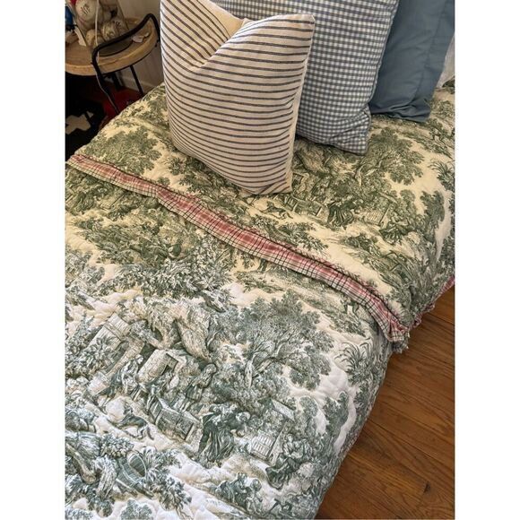 Custom French Country Chinoiserie Green Toile Quilted Comforter Coverlet Twin Si - Picture 3 of 11